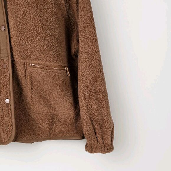Fashion Sherpa Fleece Jacket Women Brown Polyester Medium Zip Pockets Snap Comfy - Picture 4 of 11